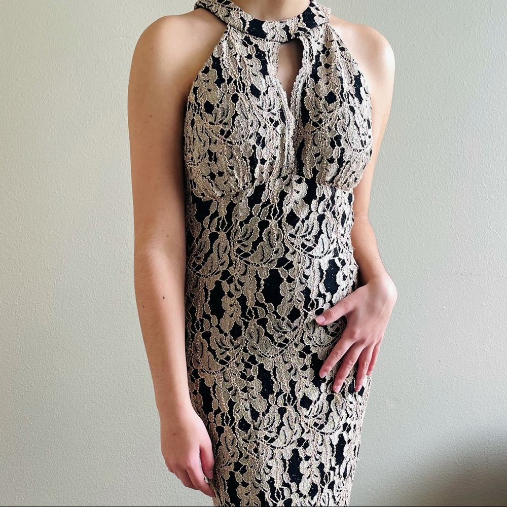 Nightway Black Gold Lace Halter Keyhole Gown Sz 2
